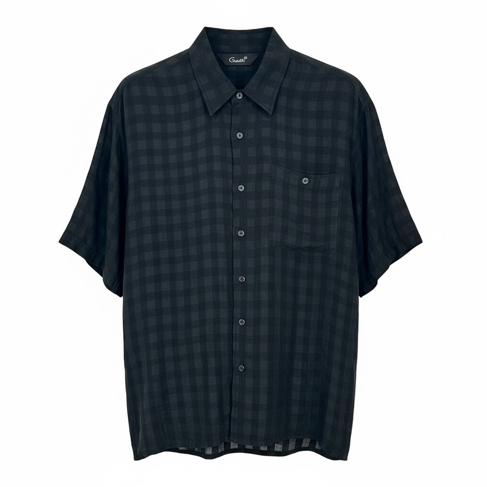 Genelli Mens XL‎ Black Gingham Short Sleeve Silk Button Up Shirt - CJ